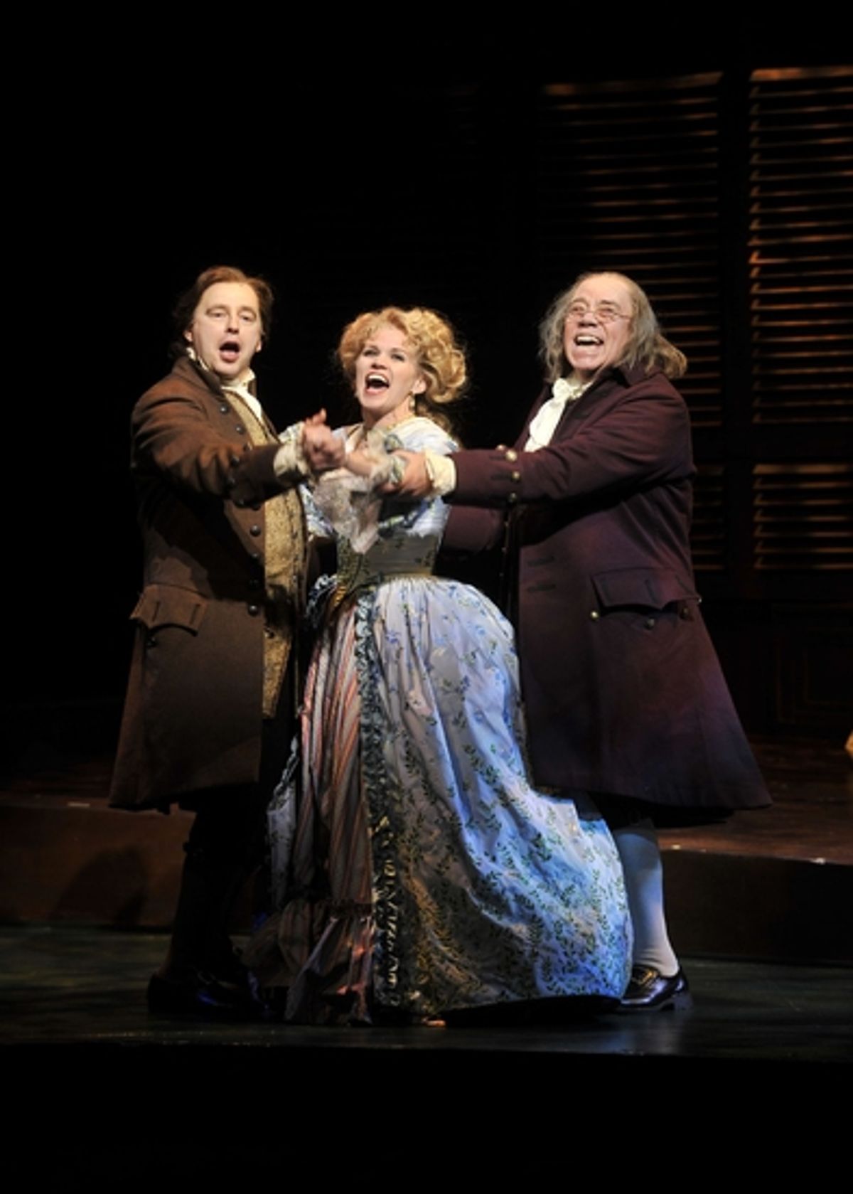 Don Stephenson (John Adams), Lauren Kennedy (Martha Jefferson), and Conrad John Schuck (Benjamin Franklin) at 